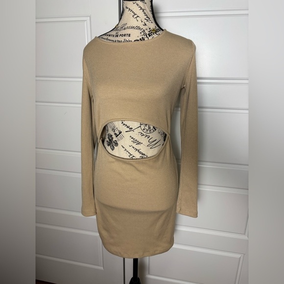 Princess Polly Long Sleeved Ribbed Front Cutout Camel Mini Dress - Picture 2 of 7